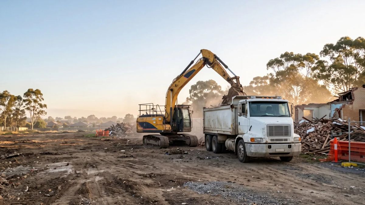 Excavator loading white tipper truck during house demolition and site clearing in Western Sydney
