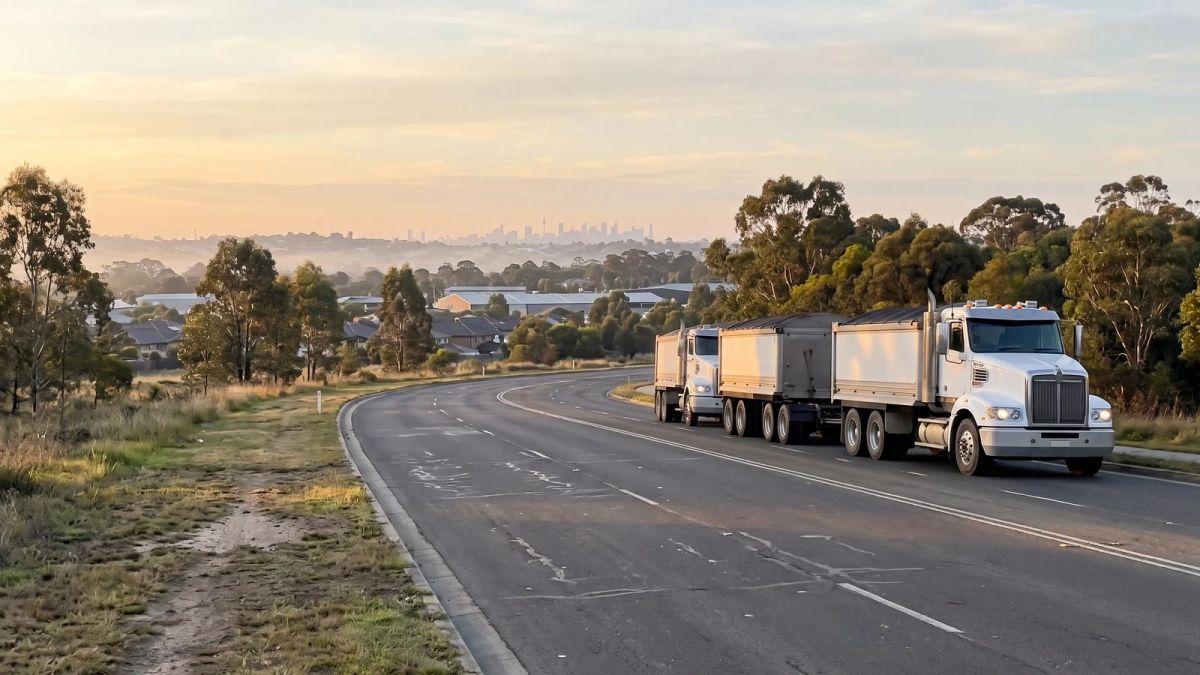 Truck and dog tippers heading out across Sydney at sunrise