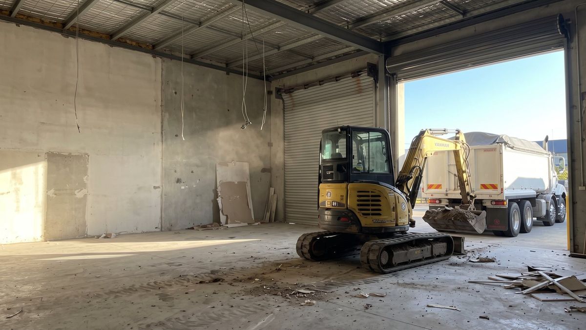 Stripped-out warehouse tenancy with a yellow Yanmar excavator and white tipper at the roller door