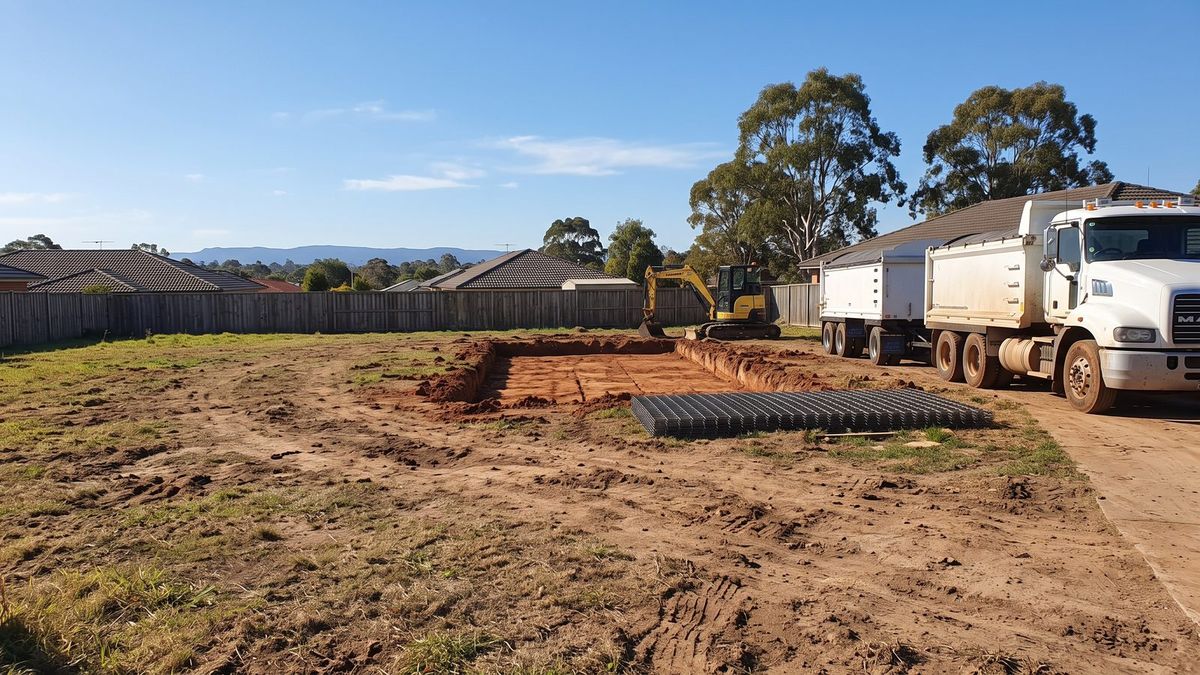 White tipper truck beside a house foundation excavation