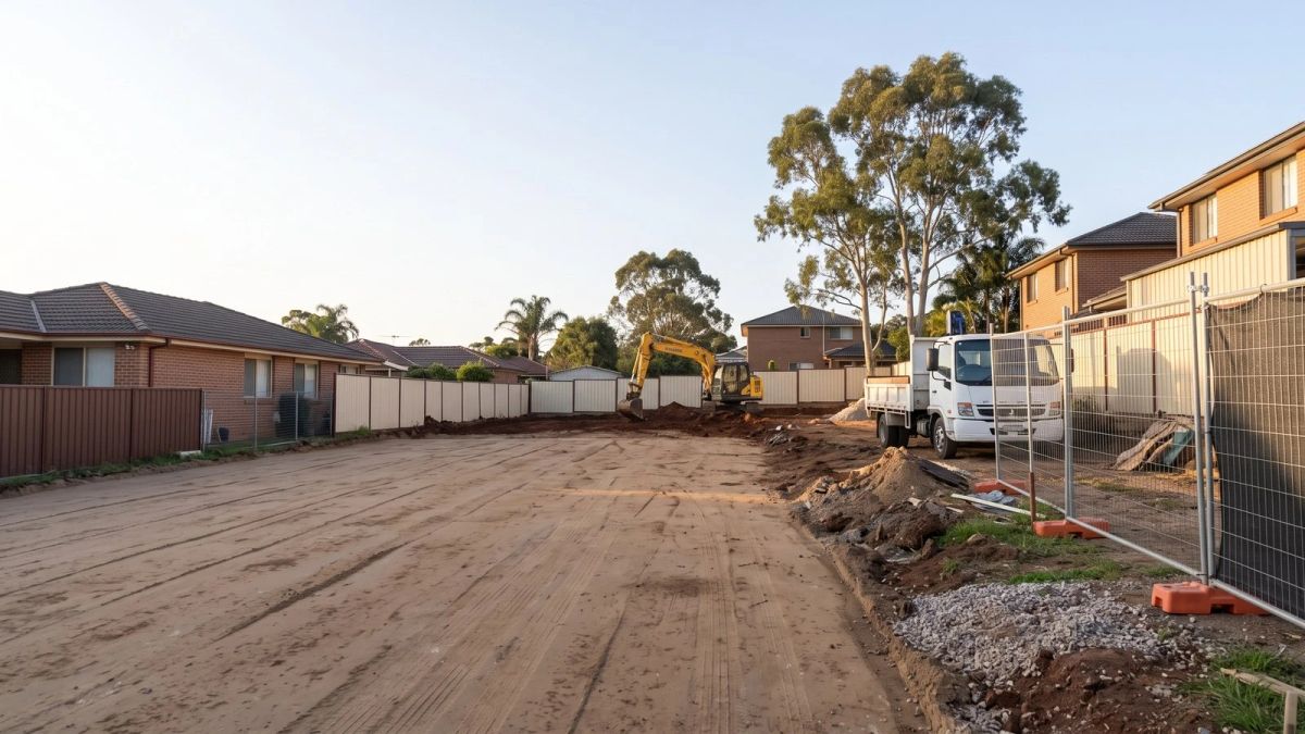 Land clearing and site levelling in Sydney: levelled residential block with excavator and trucks working at the far end