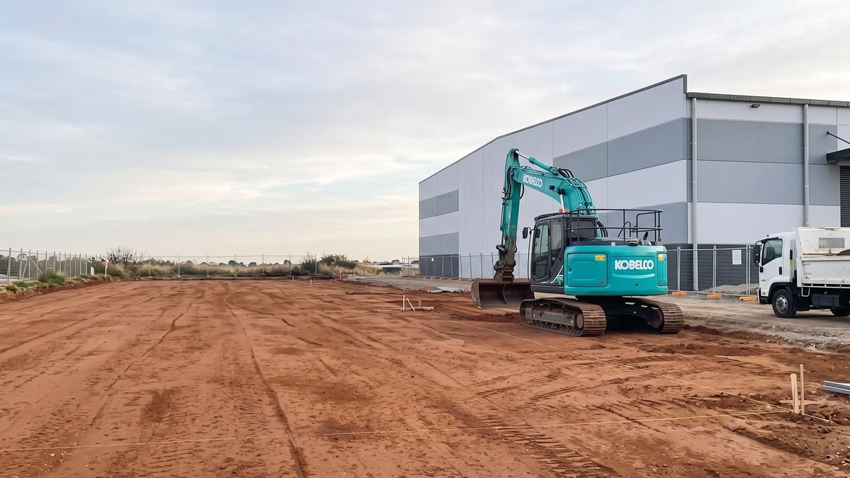 Excavator preparing a commercial slab pad beside a warehouse in a Western Sydney industrial estate
