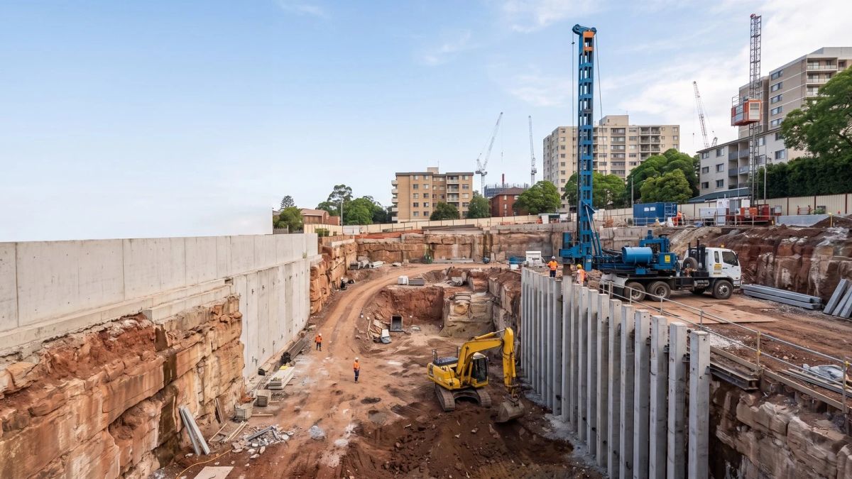 Deep basement excavation with piling rig and shoring wall on an apartment site