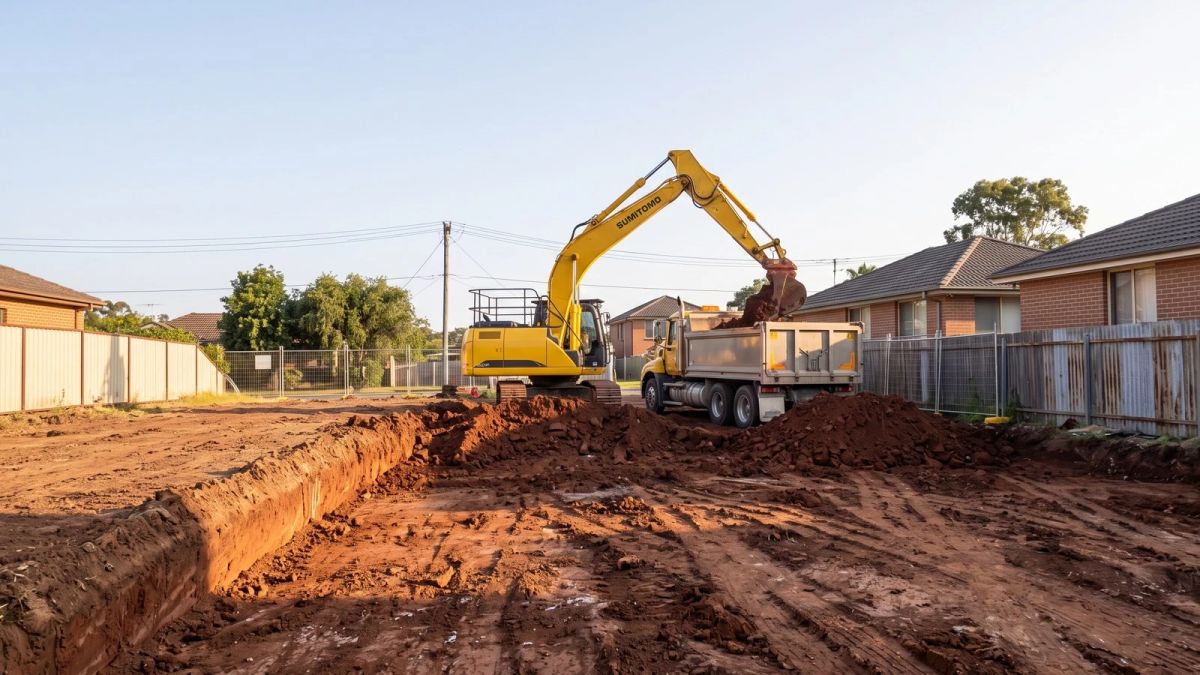 Excavation contractors in Sydney: excavator loading a tipper truck on a cleared residential site