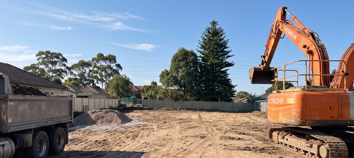 Orange excavator with its boom raised beside a loaded tipper on a cleared residential block