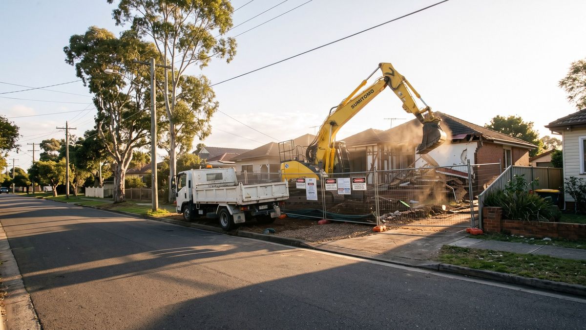 House demolition in Sydney: excavator pulling down a house behind site fencing, with a tipper truck on the street