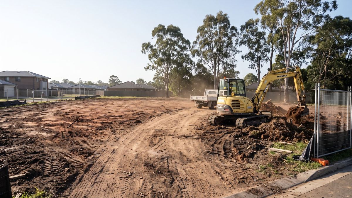 Yellow excavator clearing a new-estate residential block