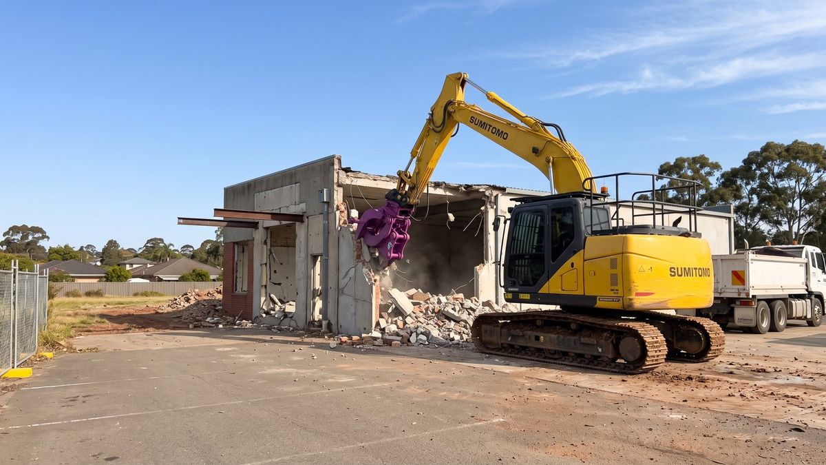Yellow Sumitomo excavator with purple demolition attachment pulling down a commercial building
