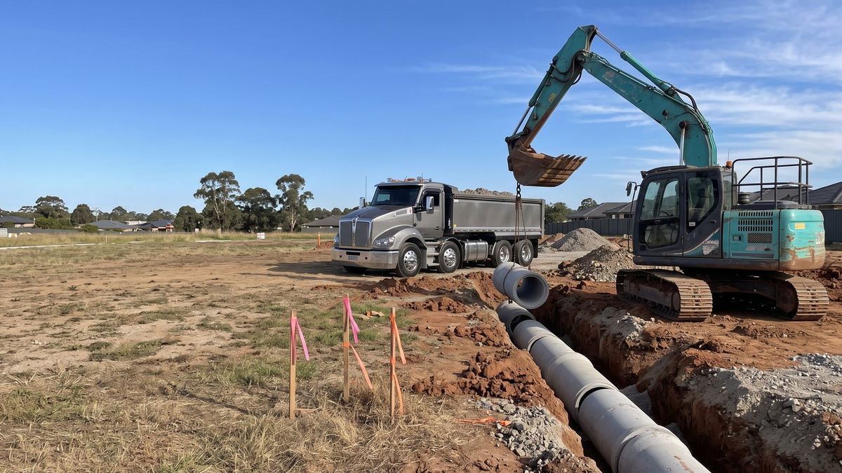 Civil contractors in Sydney: teal excavator working beside stormwater pipe laid in a trench, with a grey tipper truck