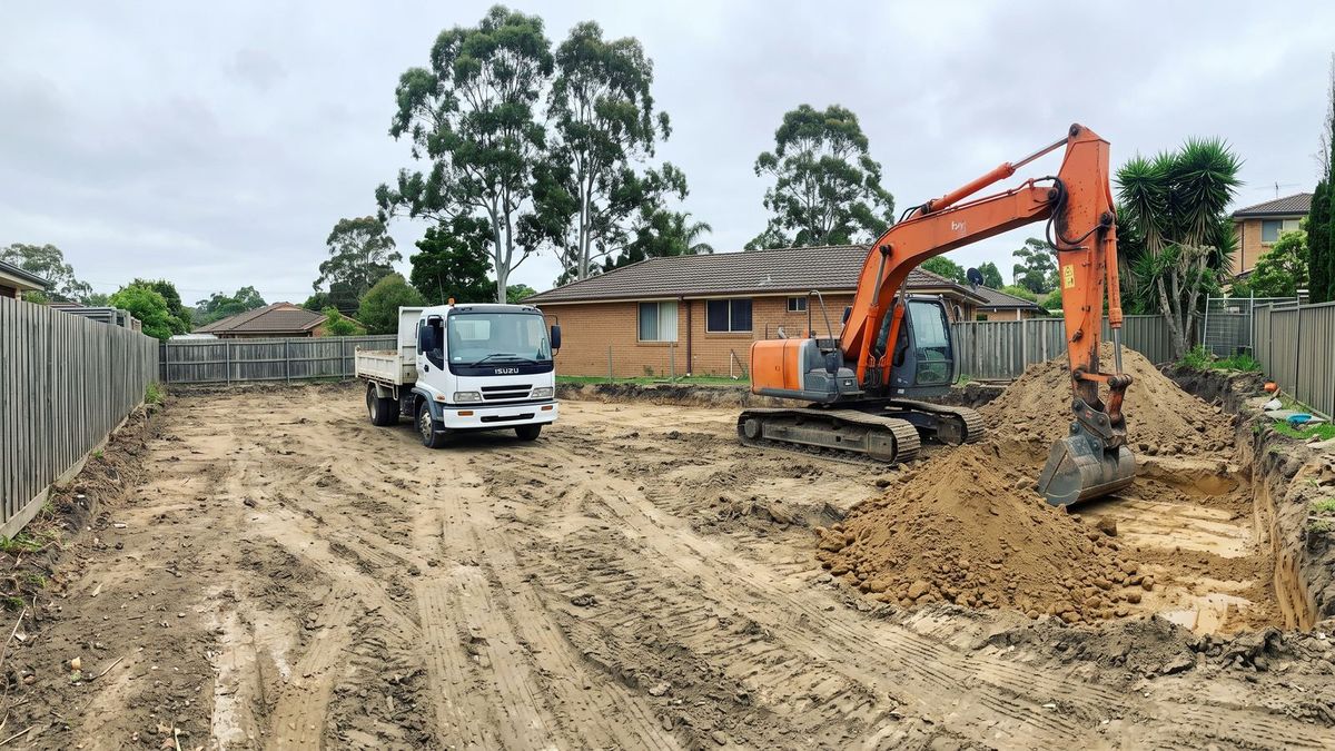 Orange Hitachi excavator digging a house extension footprint beside a white Isuzu tipper truck