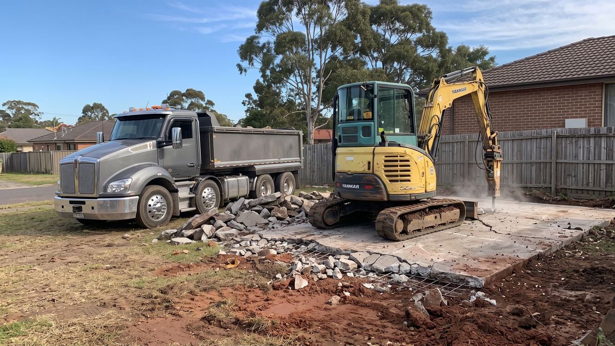 Concrete slab removal in Sydney: yellow Yanmar mini excavator breaking a slab beside a grey tipper truck