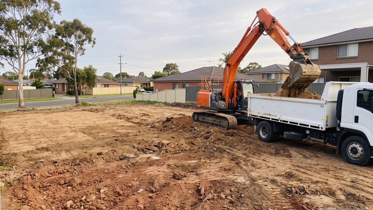 Excavator loading a tipper on a cleared suburban knockdown-rebuild block