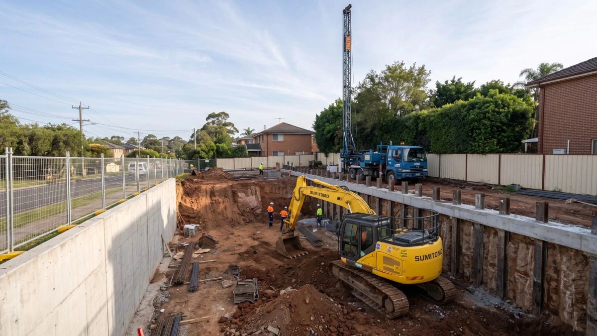 Basement excavation with shoring beside neighbouring homes in Sydney