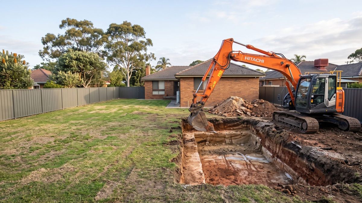 Pool excavation in Sydney: orange Hitachi excavator digging an in-ground pool in a suburban backyard